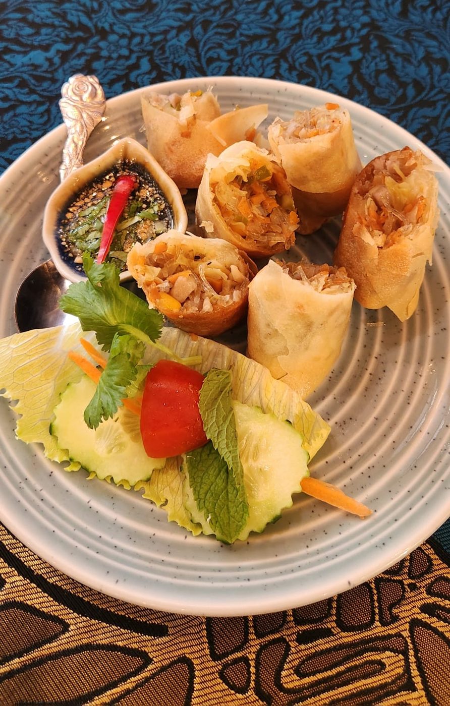 Spring rolls with salad and dipping sauce